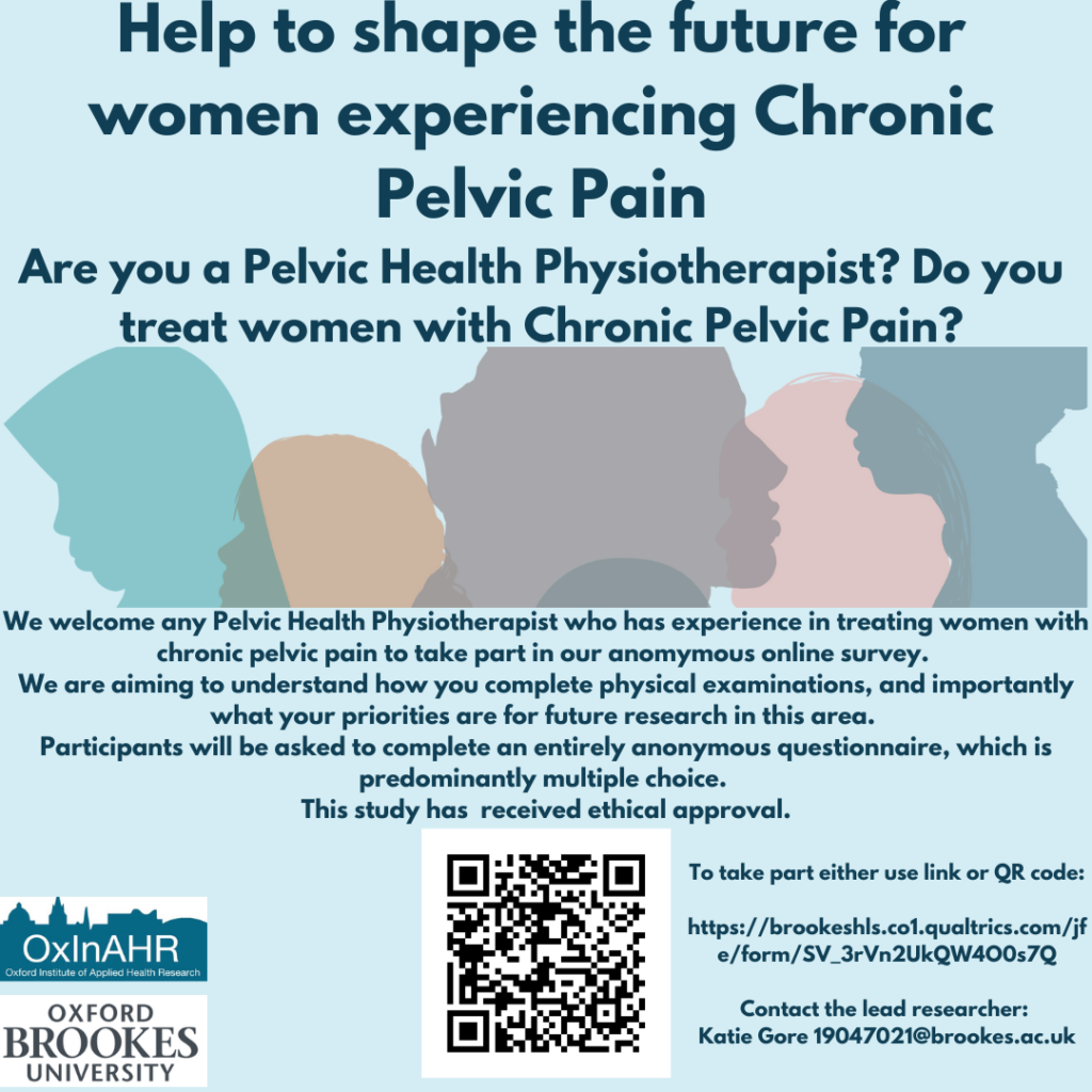 Flyer for Oxford Brookes University's study for pelvic health physiotherapists treating women with chronic pelvic pain