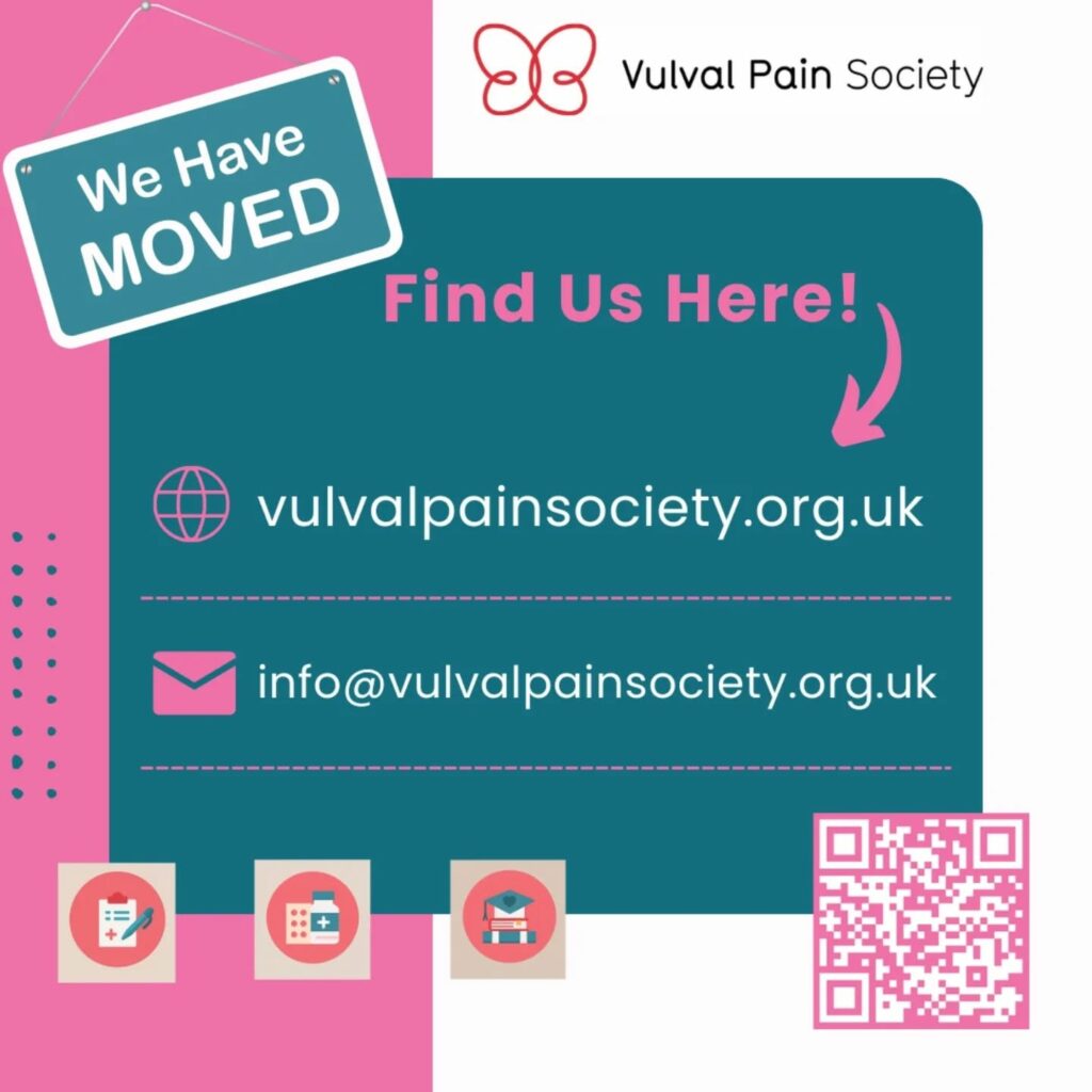 The post is in Vulval Pain Society brand colours - teal and pink. At the top left a banner reading 'we have moved.' At the top right, the Vulval Pain Society butterfly logo. The central text reads: 'Find Us Here' with a pink arrow pointing to website address vulvalpainsociety.org.uk and email address info@vulvalpainsociety.org.uk At the bottom right is a QR code.