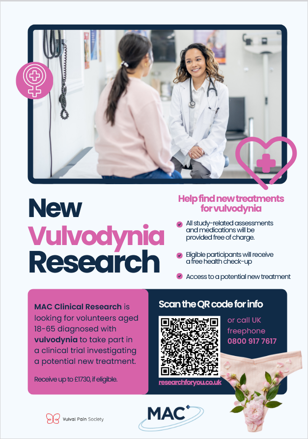 Flyer for MAC Clinical Research's clinical trial for a new treatment for vulvodynia
