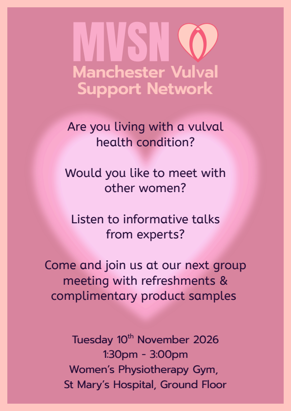 Flyer giving details of the Manchester Vulval Support Network's next meeting on 10 November 2026, 1.30pm - 3.00pm
